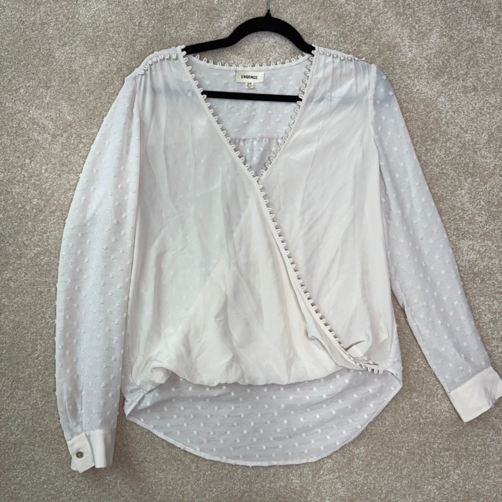 L'AGENCE‎ Perry Blouse Women's Small White Swiss Dot Wrap Top Romantic Chic - Picture 2 of 8